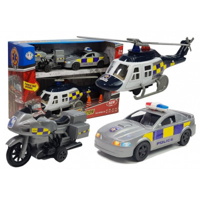 Policajné vozidlá (vrtuľník, motorka, auto) + svetelné a zvukové efekty